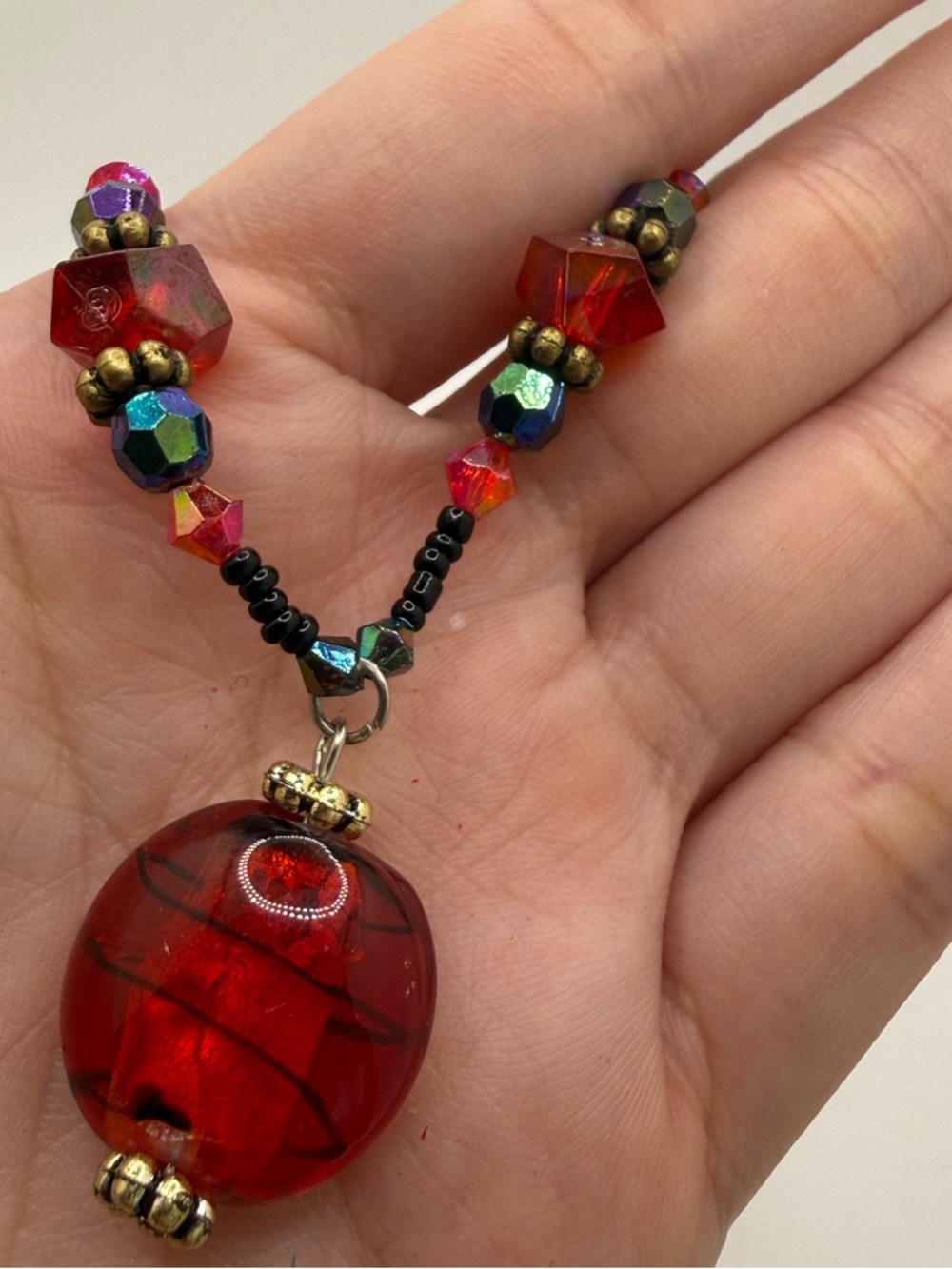 Red Glass Pendant Necklace Black Beaded Y2K Boho Whimsigoth